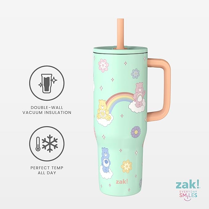 Zak Designs Care Bears Sutton Travel Tumbler for On the Go, 30oz Stainless Steel with Vacuum Insulation, Silicone Straw, and Carry Handle for Cold Drinks (Care Bears) - Bloomnest