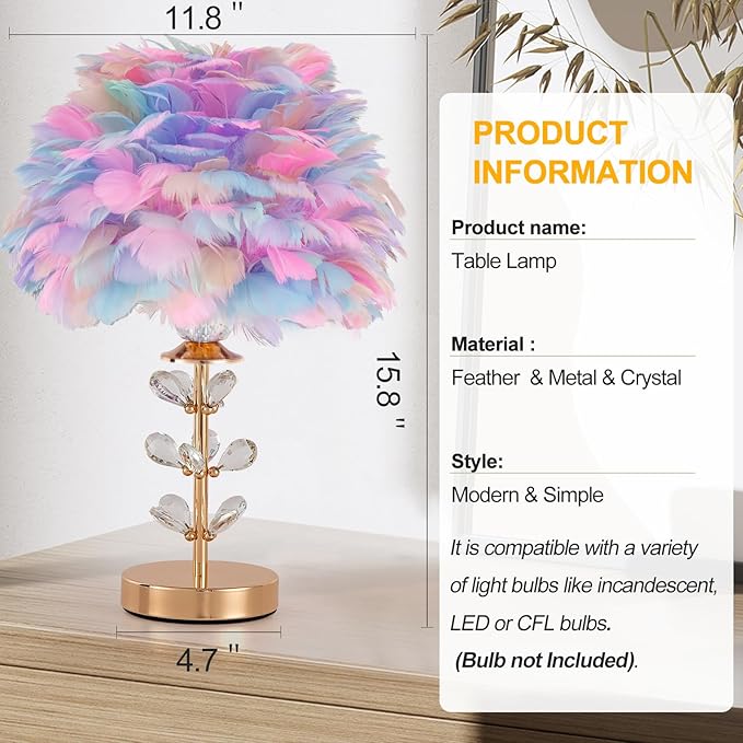 Colorful Feather Lamp Romantic Bedside Nightstand Lamp Creative FfluffyTable Lamp Modern Furry Desk Light for Princess Girls Bedroom Living Room Wedding Christmas Gift Deco Entry Office - Bloomnest