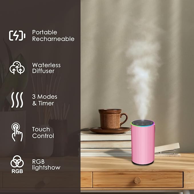 Waterless Essential Oil Diffuser, Battery Powered Mini Scent Air Machine, Aromatherapy Mist Diffuser for Home Room Car Office (Pink) - Bloomnest