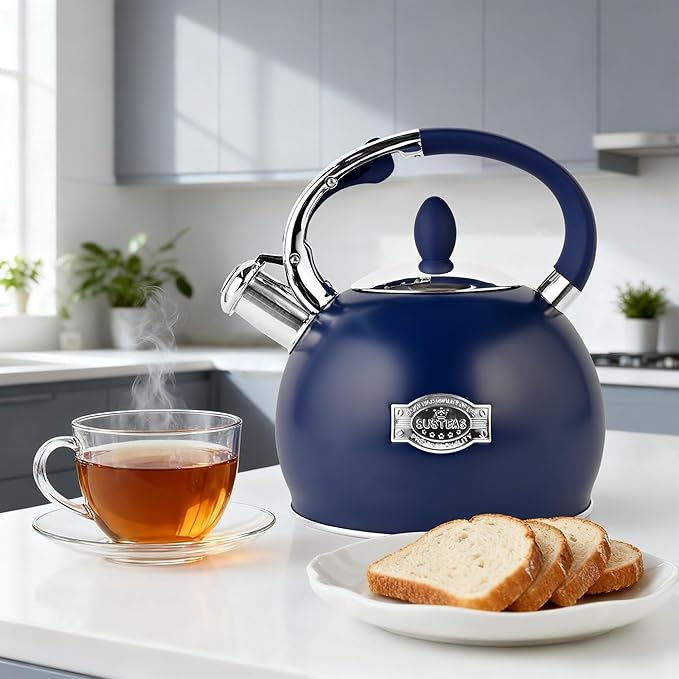 SUSTEAS Stove Top Whistling Tea Kettle - Food Grade Stainless Steel Teakettle Teapot with Cool Touch Ergonomic Handle, With 1 Silicone Pinch Mitt Included, 2.64 Quart,NAVY BLUE - Bloomnest