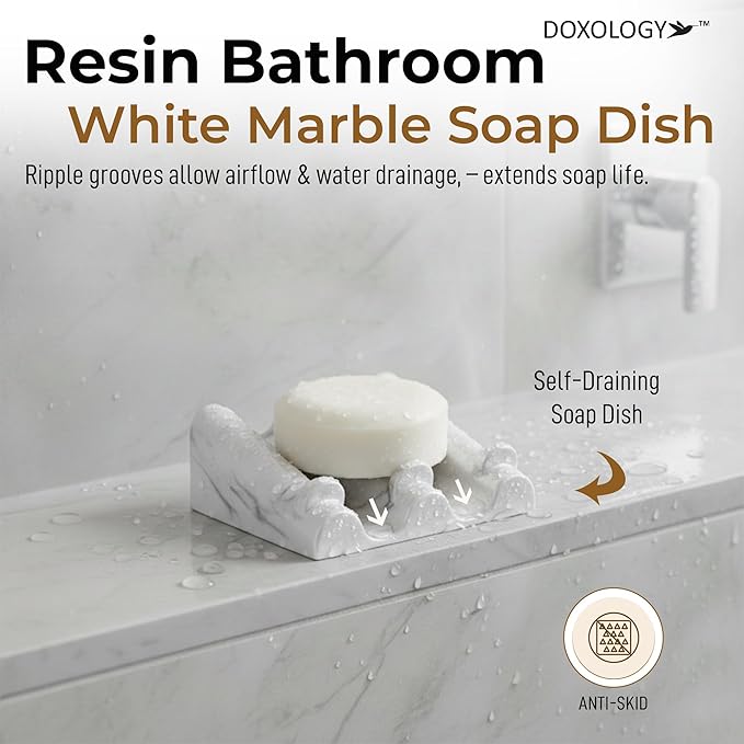 DOXOLOGY White Marble Soap Dish Bathroom Organizer - Resin Soap Dish with Rectangular Design 3.7" L x 2.8" W - Self Draining Soap Dishes Keeps Countertop Neat - Marble Look Soap Tray for Sink - Bloomnest