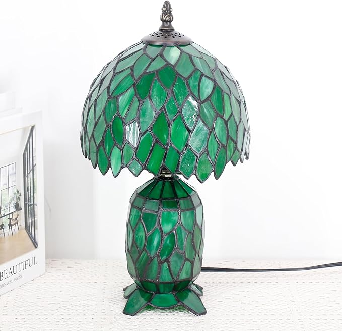 Small Tiffany Lamp Stained Glass Table Lamp Mini Mother Daughter Vase Desk Accent Night Light for Bedroom Bedside Reading Home Antique Style 8X14 Inches (Green Wisteria) - Bloomnest