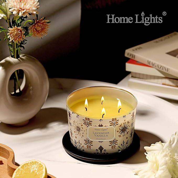 HomeLights Large jar Candle | 4-Wick Long-Lasting Scented Candles, 18oz Natural Soy Wax Candle for Home Scented, Bohemian Natural Textures Gifts for Women & Men, Lavender Vanilla - Bloomnest