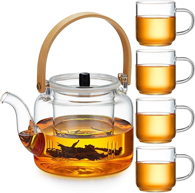 Glass Teapot Set, 37OZ/1100ML Glass Tea Kettle with 4 Double Wall Teacups, Tea Pot with Infusers for Loose Tea, Stovetop & Microwave Safe Tea Maker - Bloomnest
