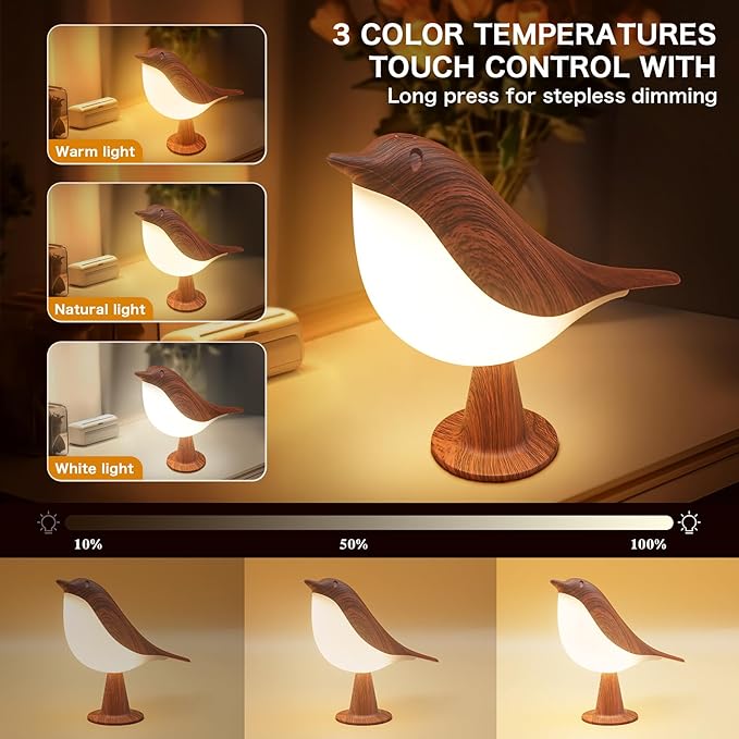 VViN 2 in 1 Small Desk Lamp, Bird Cordless Table Lamp with 3 Color Temperature Dimmer and Touch Sensor - Rechargeable Battery Night Light for Kids, Bedroom, Bedside, and Outdoor Use - Bloomnest