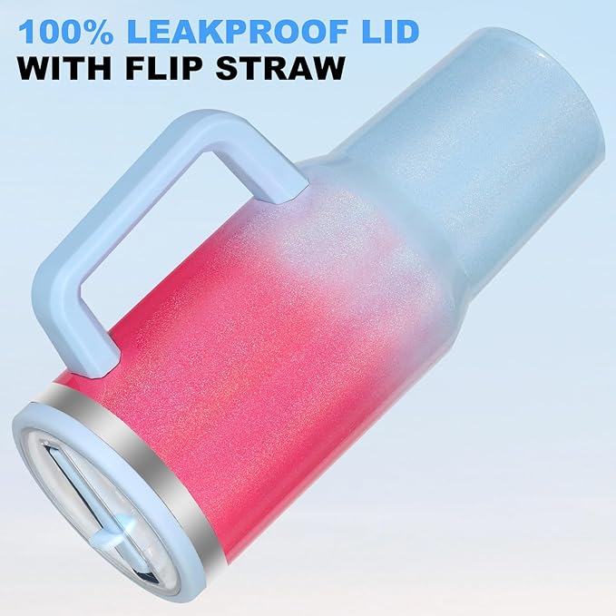 40 oz Tumbler with Handle and Flip Straw Lid, Vacuum Insulated Leak Proof Double Walled Stainless Steel Glitter Travel Mug Tumblers, Maintains Cold Ice and Heat for Hours(Pink Blue Gradient) - Bloomnest