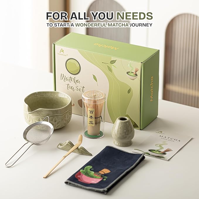 Matcha Whisk Set, 7 PCS Matcha Kit with Matcha Bowl with Spout, Bamboo Matcha Whisk and Scoop, Matcha Accessories & Sifter – Complete Matcha Set for Tea Lovers, Matcha Gift Set (Green) - Bloomnest