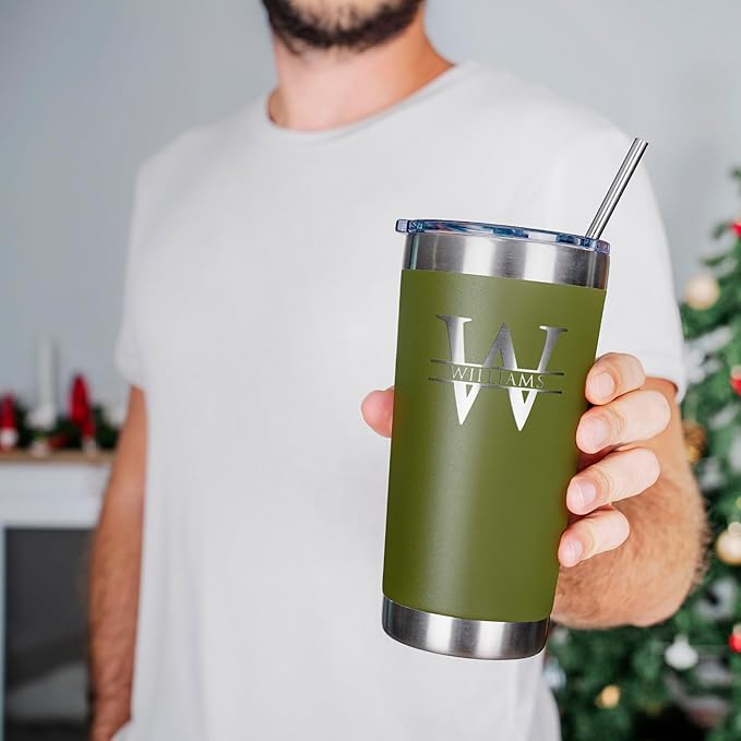 Be Burgundy Personalized Tumbler with Engraved Name - 12 Designs, 30 Oz Coffee Tumbler with Slider Lid, Army Green, Double Wall Insulated - Gift for Men, Husband, Personalized Gift for Him - Bloomnest