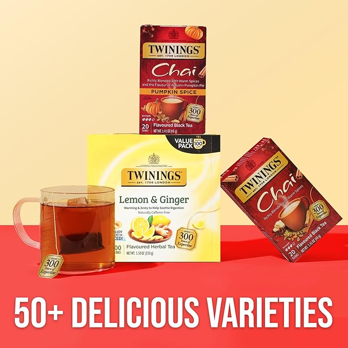 Twinings Pumpkin Spice Chai Black Tea Individually Wrapped Bags, 20 Count (Pack of 6), Warm, Spicy & Aromatic, Caffeinated, Enjoy Hot or Iced, 120 Teabags - Bloomnest