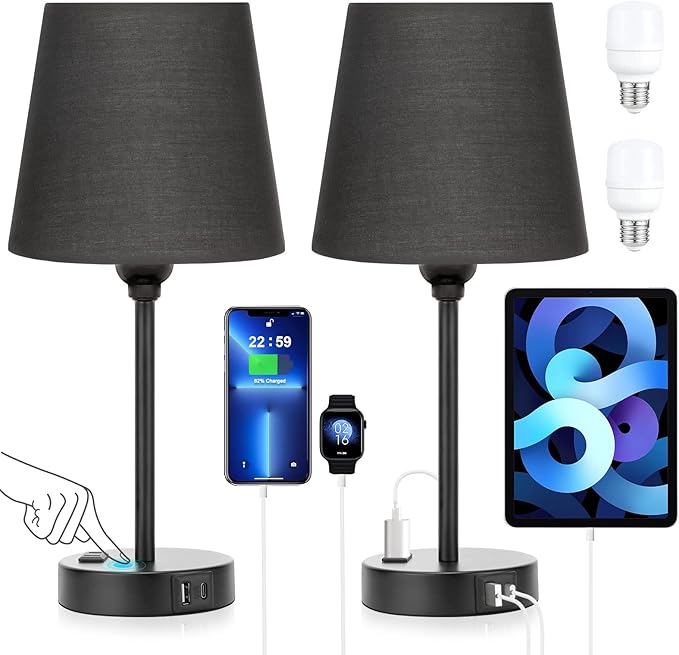Acaxin Black Lamp for bedrooms Set of 2 - Nightstand Bedroom Lamp with USB C Port and AC Outlet Charging, 3 Way Dimmable Touch Control Bed Side Table Lamp, Small Night Stand Light for Men/Kids - Bloomnest
