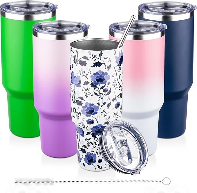 40 oz Tumbler with Lids and Straws Double Wall Insulated Tumbler Cup,Stainless Steel Vacuum Tumbler Powder Coated Travel coffee Mug for Cold and Hot Drinks,Blue and White Porcelain - Bloomnest