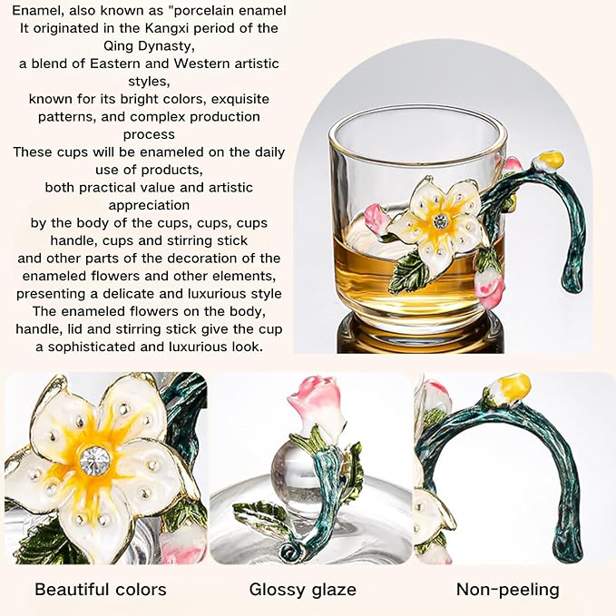 Enamel Crystal Lead-Free Glass Tea Cup, 4 Pack Vintage Tea Cups with Spoon Set 14oz/70ml Glass Coffee Mug, Valentines Gifts for Her Girlfriend Wife - Bloomnest