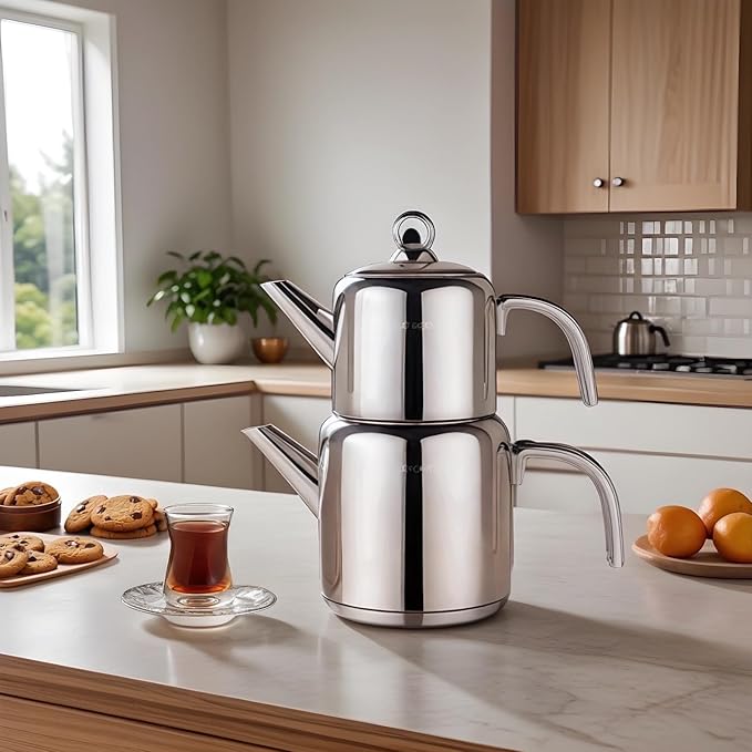 Karaca New Mani Turkish Tea Set for Stovetop, Induction Base Stainless Steel Tea Maker (1L Teapot & 2L Tea Kettle), Dishwasher Safe, Non-Burning Handles Samovar Style - Bloomnest