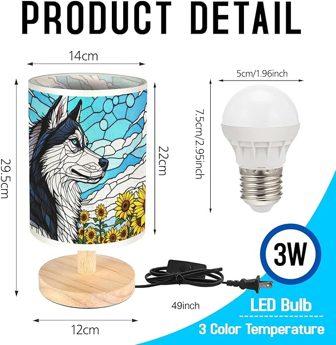 Siberian Husky Table Lamp LED 3-Color Pressed Bedside, Dog Shade Lamp with Wood Base for Bedroom Living Room Desk Office - Bloomnest