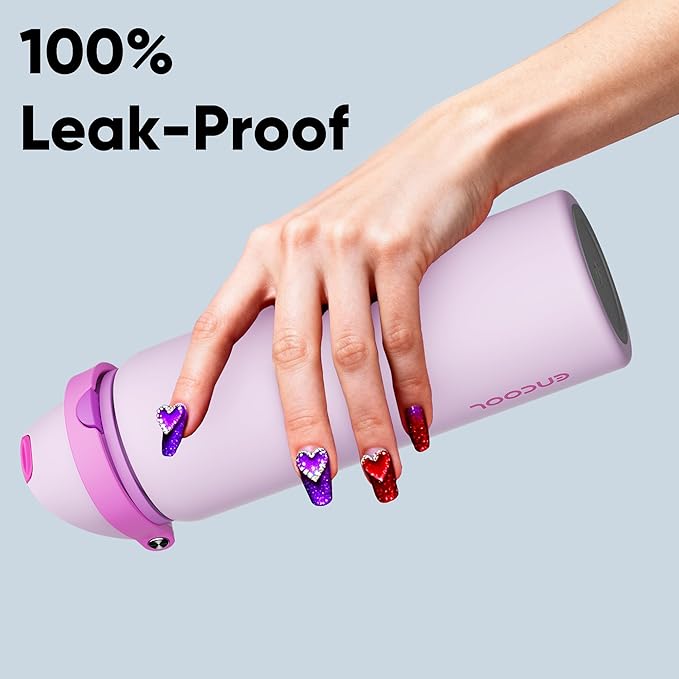Insulated Water Bottle with Straw - Encool Stainless Steel Water Bottle with Push Button Lid, Leak-Proof & BPA-Free, Keeps Cold for 24 Hours for Sports, Travel, Gym (32 oz, Thistle-Fuchsia) ENCOOL