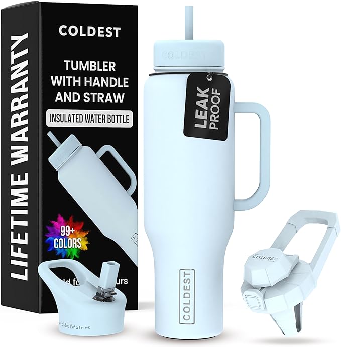 Coldest Tumbler with Handle and Straw - 100% Leak Proof Insulated Tumbler with Lid and Straw (3 Lids) - Stainless Steel Tumblers for Women & Men - Cup Holder Friendly Base, 46 oz (Morning Mist) - Bloomnest