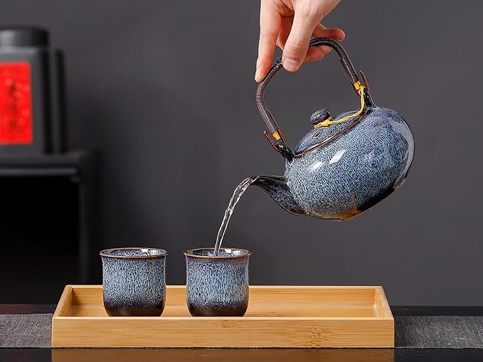 Traditional Japanese tea set, Kiln altered glaze Porcelain tea set with 1 teapot (23.5oz/700ml), 6 teacups (4oz/120ml), 1 Tea Tray,Japanese teapot set, Asian tea sets (Kiln altered Blue) - Bloomnest