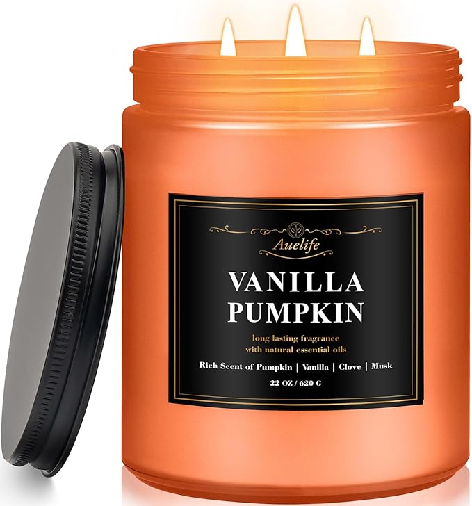 Auelife Fall Candle, Vanilla Pumpkin Scented Candles – 22oz Large 3-Wick Soy Candle, Long Lasting Autumn Aromatherapy Candles for Home Décor, Thanksgiving & Holiday Gift for Women & Men - Bloomnest