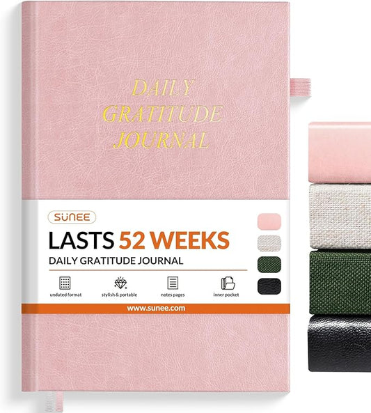 SUNEE Daily Gratitude Journal – 52 Weeks Simple 5 Minute Journal for Daily Reflection, Build Positivity and Mindfulness, Undated Minimalist Planner for Women & Men (Pink)