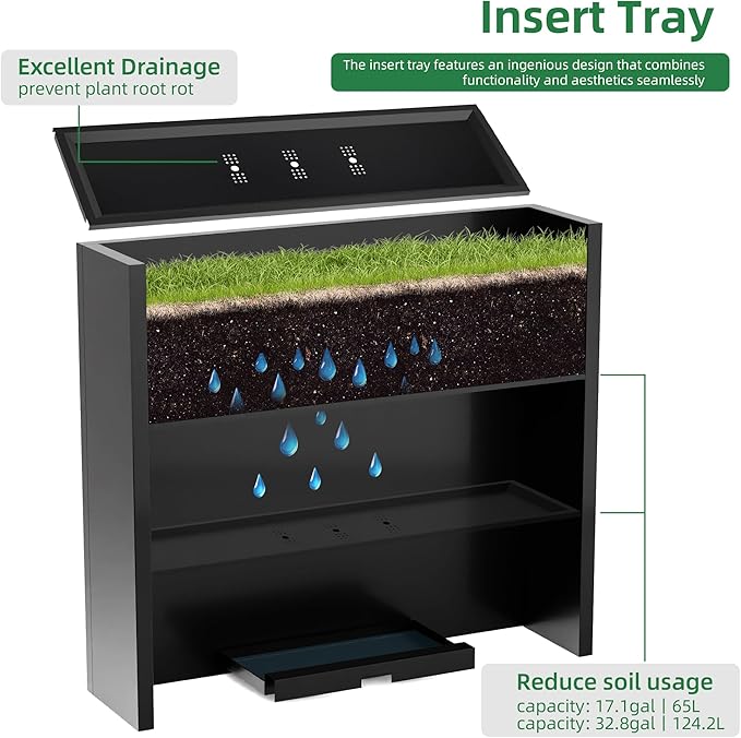 KOL Galvanized Steel Planter Box, with Insert Tray Drainage Holes, Rectangular Black Powder Coated Metal Planter, Outdoor Use, Heavy Duty Modern Flower Pot (Black, 36" H x 11" W x 32" L) - Bloomnest