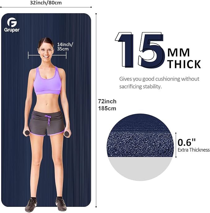 Yoga Mat Non Slip NBR Thick Yoga Mat, 72"L x 32"/24"W x 0.6"/0.4"TH (185cm x 80cm/61cm x 15mm/10mm), Anti-Tear Exercise Mat with Carrying Strap and Bag, Workout Mats for Yoga, Pilates, Floor Exercises - Bloomnest