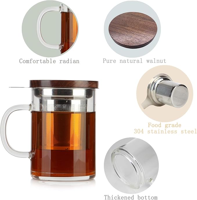 COMI Tea Cup with Infuser Walnut Lid&Handle, Glass Tea Cups with Wide Mouth Extra Large Capacity, Stainless Steel Tea Infuser Mug for Loose Leaf Tea Steeping(14oz/400ml) - Bloomnest