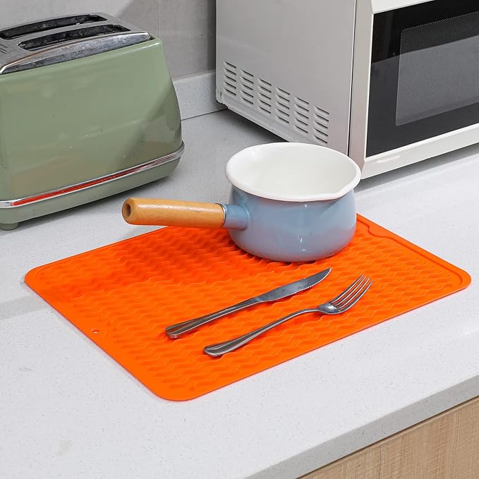 Silicone Dish Drying Mat for Multiple Usage,Easy clean,Eco-friendly,Heat-resistant Silicone Mat for Kitchen Counter or Sink,Refrigerator or drawer liner Orange L 16 inches x 12 inches - Bloomnest
