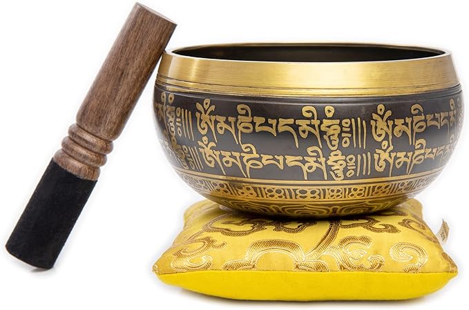 Tibetan Singing Bowl Set - 4" Easy To Play Authentic Handmade For Meditation Sound 7 Chakra Healing By HIMALAYAN BAZAAR (Black/Yellow, 4 Inches) - Bloomnest