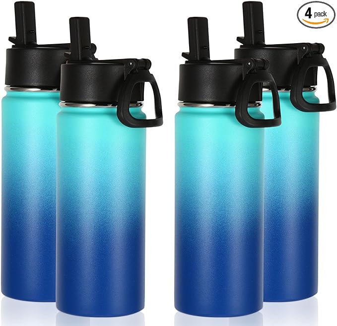 Volhoply 16 OZ Kids Water Bottle Bulk 4 Pack,Insulated Sports Bottles with Straw Lid,Stainless Steel Bottle with Handle Keep Cold & Hot,Double Wall Vacuum Tumbler Cups for School(Green Blue, 4) - Bloomnest