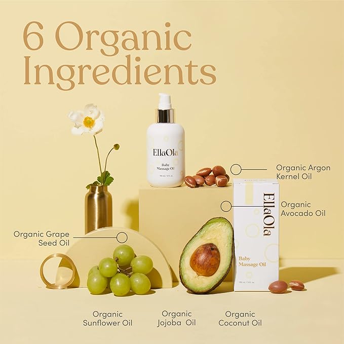 ELLAOLA Organic Moisturizing Baby Massage Oil - Non Greasy Formula Made With Natural Jojoba, Sunflower, and Argan Oil to Hydrate Skin and Protect Against Cradle Cap | 5 fl. oz. - Bloomnest