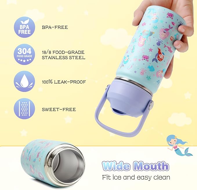 14oz Kids Insulated Water Bottle with Straw Lid - 18/8 Stainless Steel Kid Cup Travel Tumbler Double Wall Vacuum Leak Proof Portable Toddler Water Bottle (Rainbow + Mermaid) - Bloomnest