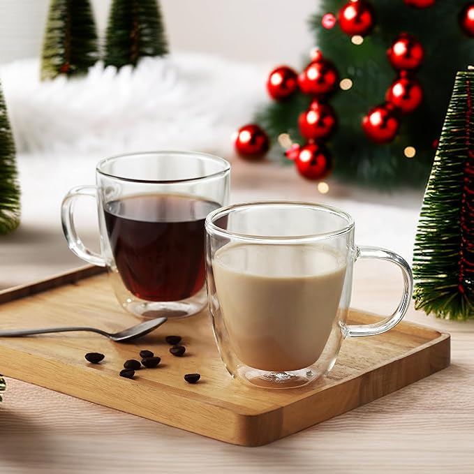 CNGLASS Large Glass Coffee Mugs 17oz,Double Walled Insulated Clear Coffee Cups with Handle,Clear Espresso Mugs for Cappuccino,Latte,Tea Bags,Hot and Cold Beverages,Set of 4 - Bloomnest