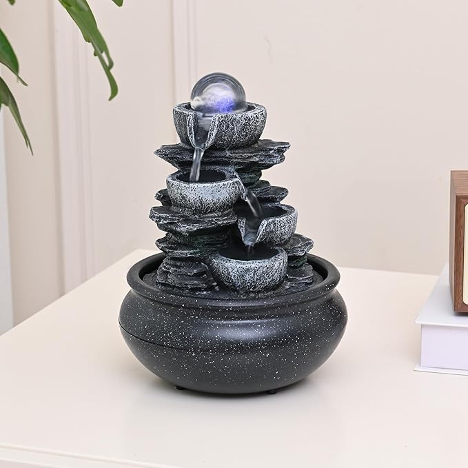 Tabletop Fountain Indoor Waterfall Meditation Fountain,Desktop Water Feature with LED Light for Home Office Bedroom Relaxation (26002)