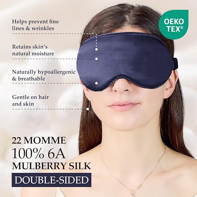 100% Pure Mulberry Silk Sleep Mask, 3D Contoured Cup Eye Mask for Sleeping, 22 Momme Super Soft Breathable Blindfold, Adjustable Blackout Travel Silk Eye Cover Blue - Bloomnest