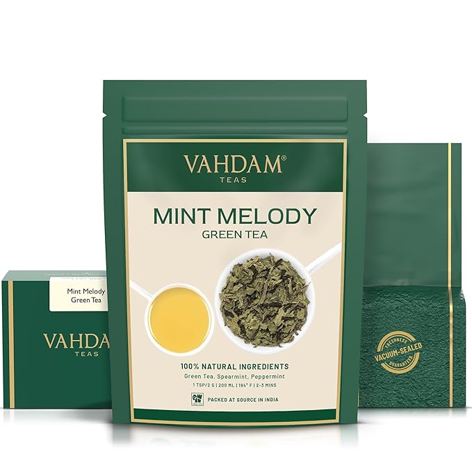 VAHDAM, Mint Green Tea Loose Leaf (50+ Cups, 3.5 oz) Cool Peppermint Tea With Himalayan Green Tea Leaves | Low Caffeine | High Elevation Grown | Vacuum Sealed for Freshness - Bloomnest