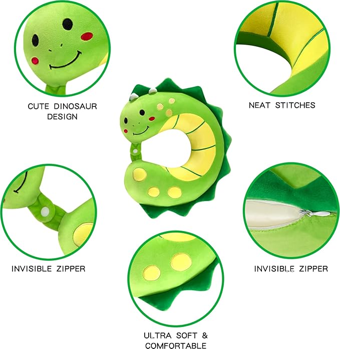 Travel Neck Pillow for Kids, Dinosaur Memory Foam Pillow with Cute Sleep Mask & Earplugs, Lightweight Travelling Pillow Set for Airplane, Car, Train, Bus and Home Use (Green) - Bloomnest