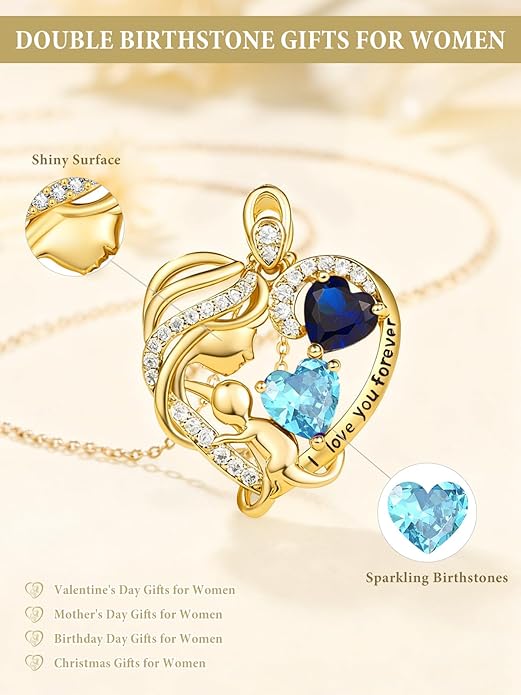 14K Gold Double Birthstone Heart Necklace for Women Mom, Mother Son/Daughter Pendant Necklace for Christmas Mother's Day Birthday Gifts for Wife Daughter Grandmom - Bloomnest