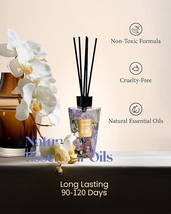 M&SENSE Lavender Glow Reed Diffuser Set - 8.79fl oz Home Fragrance Non-Toxic Essential Oil Diffuser with Sticks, Air Freshner Gifts for Bathroom Shelf Decor MSENSE