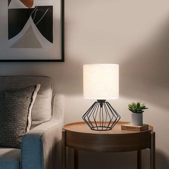 Hamilyeah Bedside Lamps Set of 2, Black Table Lamps with Beige Linen Fabric Shade, Industrial Lamps for Night Stands with On/Off Switch, Modern Simple Desk Lamps for Bedroom, Living Room - Bloomnest