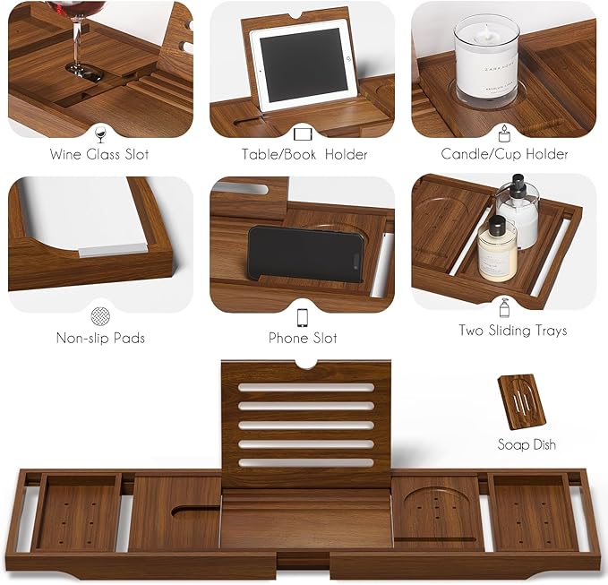 Wooden Bathtub Tray for Luxury Bathroom, Expandable Premium Teak Bath Tray, Adjustable Bath Accessories for Tub, as Unique Housewarming, Holiday, Birthday Gifts - Bloomnest