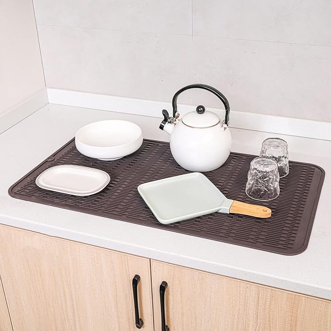 Silicone Dish Drying Mat for Multiple Usage,Easy clean,Eco-friendly,Heat-resistant Silicone Mat for Kitchen Counter or Sink,Refrigerator or Drawer Liner Coffee 4XL 32 inches x 18 inches - Bloomnest