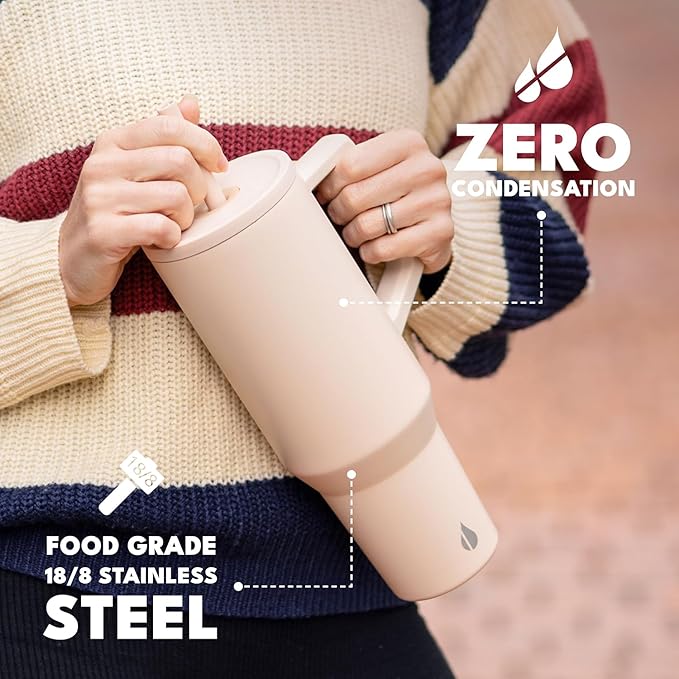 Elemental 40 oz Tumbler with Handle and Straw - Spill Proof Insulated Stainless Steel Commuter for Hot and Cold Beverages - Travel Coffee Mug with 2 Straws & Spill Proof Lid - 40oz - Beige - Bloomnest