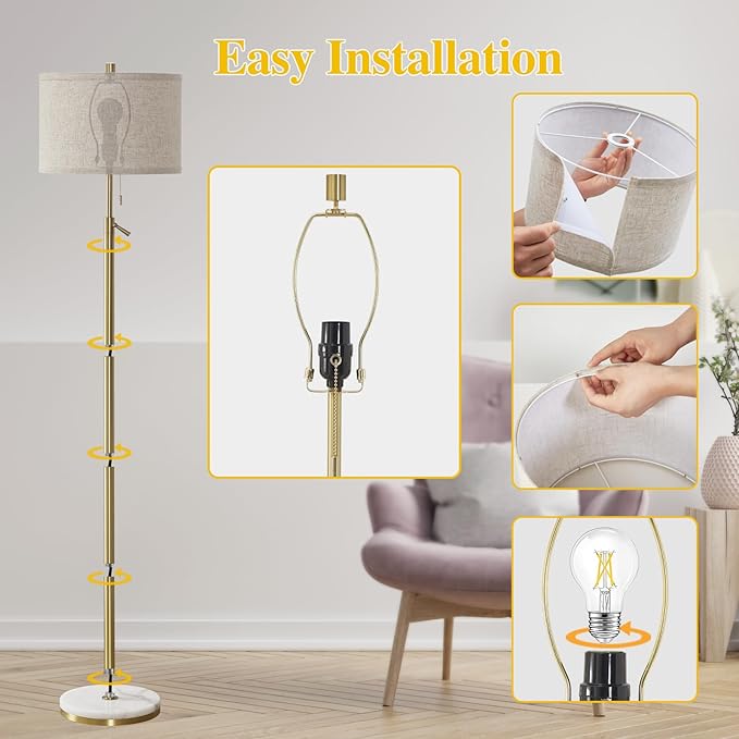 GyroVu Marble Floor Lamp, Adjustable Height Standing Lamp with Marble Base Tall Lamp with Pull Chain Switch Floor Lamps for Living Room, Bedroom & Office Bulbs Not Included(Gold) - Bloomnest