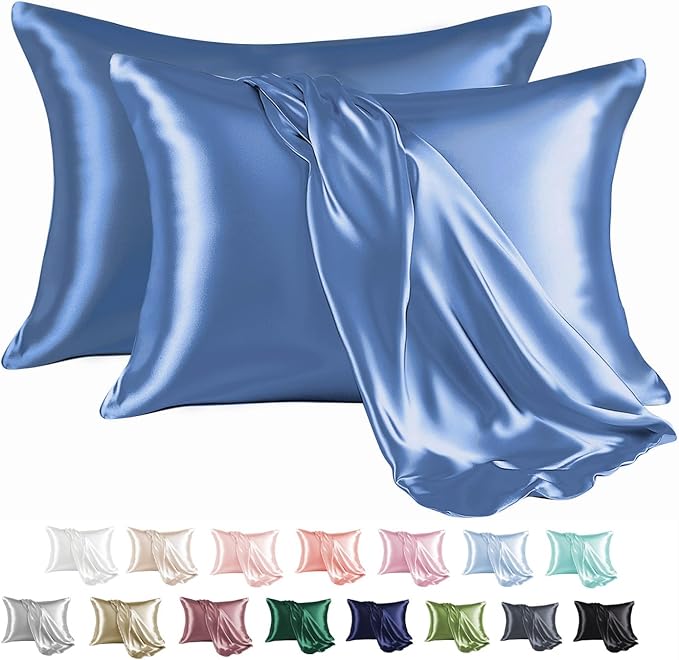 MR&HM Satin Pillowcase for Hair and Skin, Silk Satin Pillowcase 2 Pack, Queen Size Pillow Cases Set of 2, Silky Pillow Cover with Envelope Closure (20x30, Sky Blue) - Bloomnest