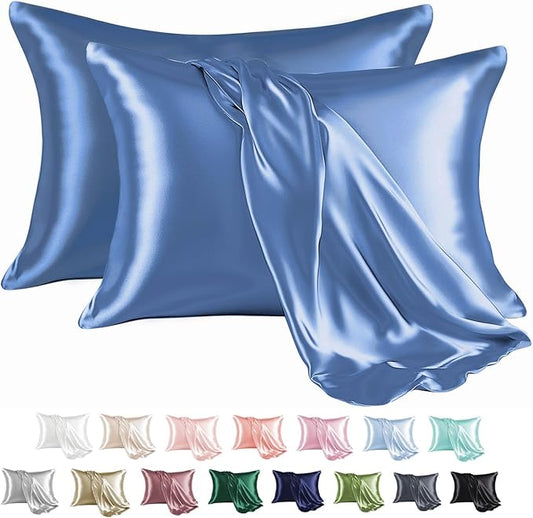 MR&HM Satin Pillowcase for Hair and Skin, Silk Satin Pillowcase 2 Pack, King Size Pillow Cases Set of 2, Silky Pillow Cover with Envelope Closure (20x36, Sky Blue) - Bloomnest