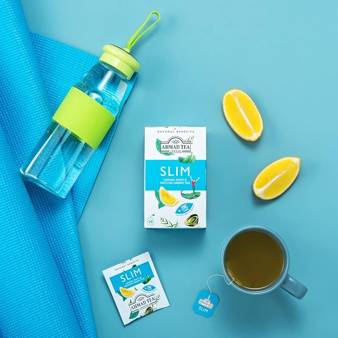 Ahmad Tea Green Tea, Lemon, Mate, & Matcha 'Slim' Natural Benefits Teabags, 20 ct (Pack of 1) - Caffeinated & Sugar-Free - Bloomnest