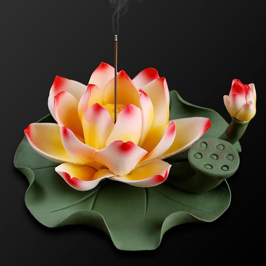 Lotus Incense Burner - Incense Burner Holder for Home Incense Holder Decor Incense Holder for Sticks Yoga, SPA (Z2-Red Yellow) - Bloomnest