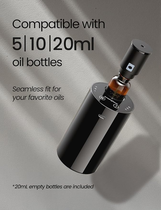 Waterless Essential Oil Diffuser, Portable Aromatherapy Diffuser with 20mL Capacity, Battery Operated Mini Scent Diffuser,3 Mist Levels & Timers, Leak-Free, for Home, Car, Office (Black 2 Pack)