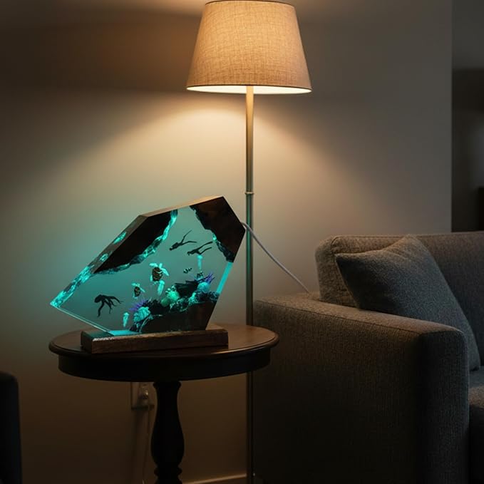 Handmade 3D Ocean Resin Lamp, Epoxy Ocean Night Light with Wooden Base, LED Color Changing Table Lamp, USB Powered Dragons Decor, Unique Ocean Gift for Bedroom & Home Office (Octopus) - Bloomnest