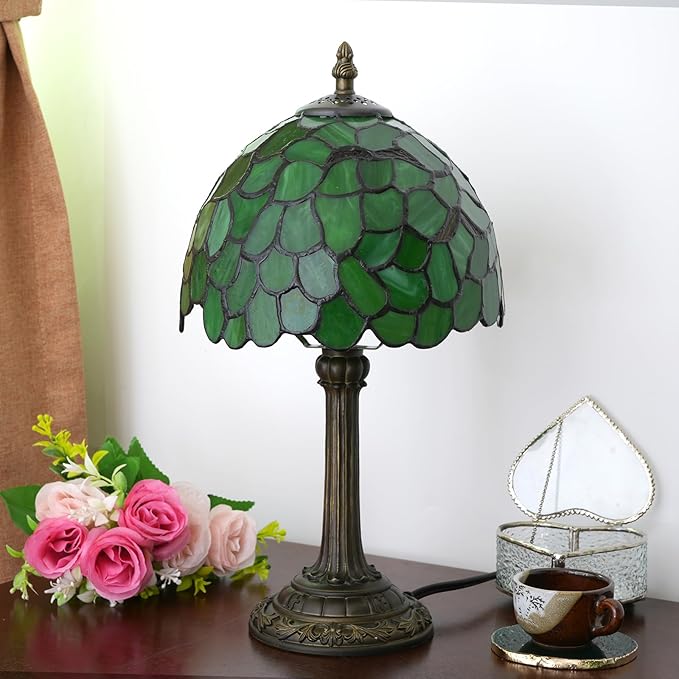 Tiffany Lamp Stained Glass Table Lamp 8X8X14 Inches Desk Reading Light Decor Beside Bedroom Living Room Home (H-1056- Green Leaf) - Bloomnest